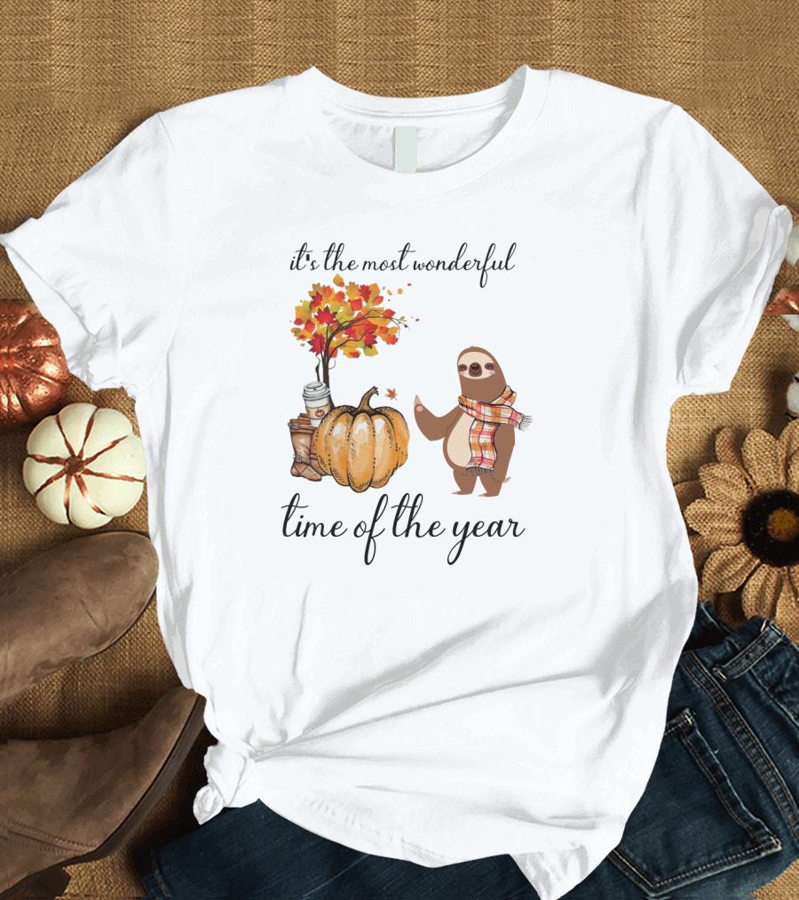 It's the Most Wonderful Time of the Year Sloths Pumpkin Coffee Leaves Fall T-Shirt