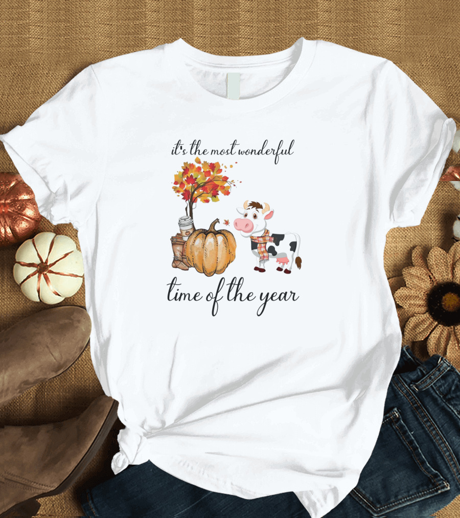 It's the Most Wonderful Time of the Year Cows Autumn Leaves Pumpkin Cozy Plaid T-Shirt