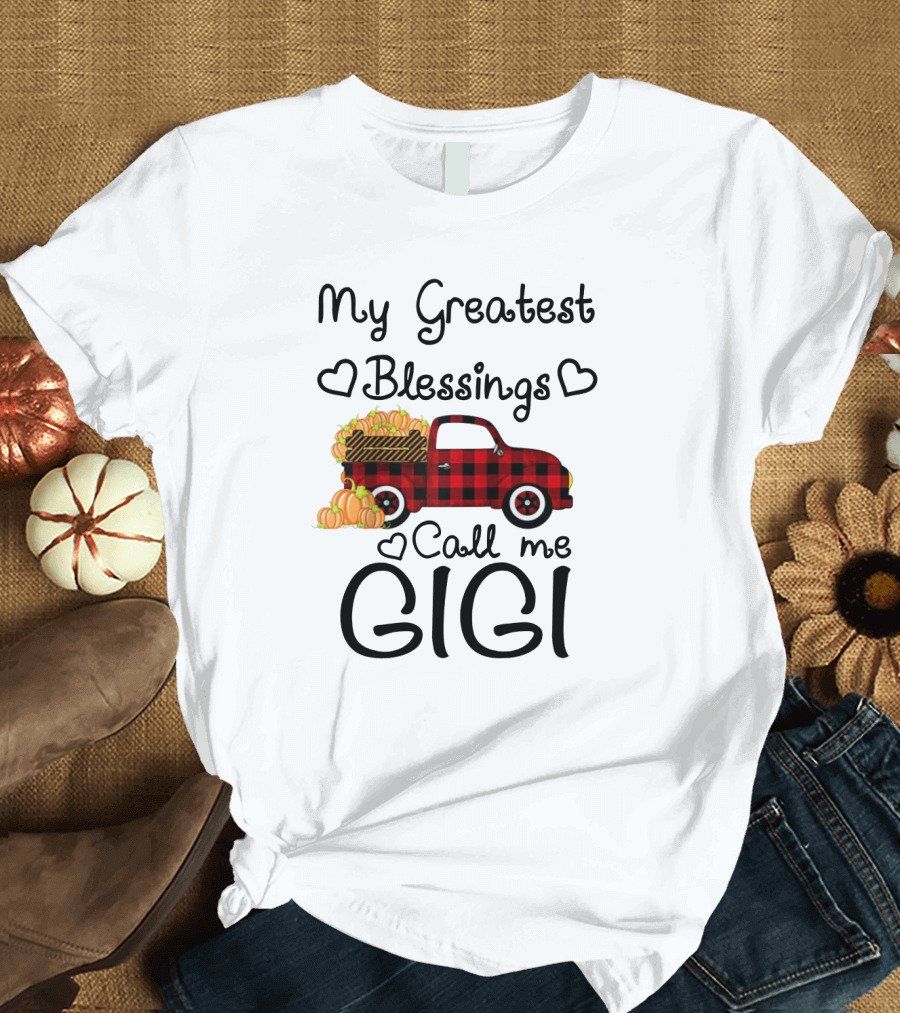 My Greatest Blessings Call Me Gigi Red Plaid Truck with Pumpkins T-Shirt