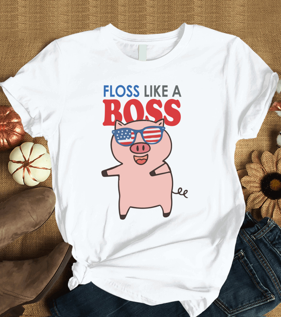 Floss Like a Boss Pig with American Flag Sunglasses T-Shirt