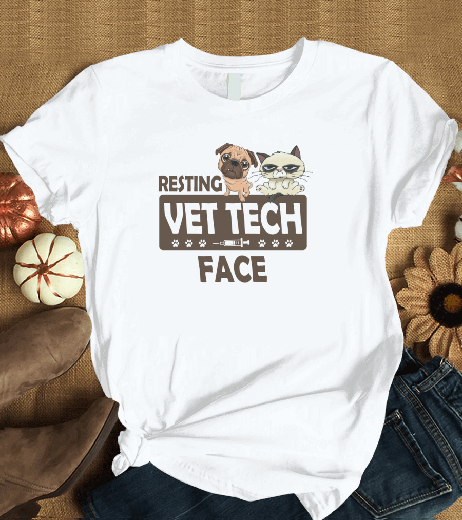 Resting Vet Tech Face Pug Cat Paw Syringe T-Shirt