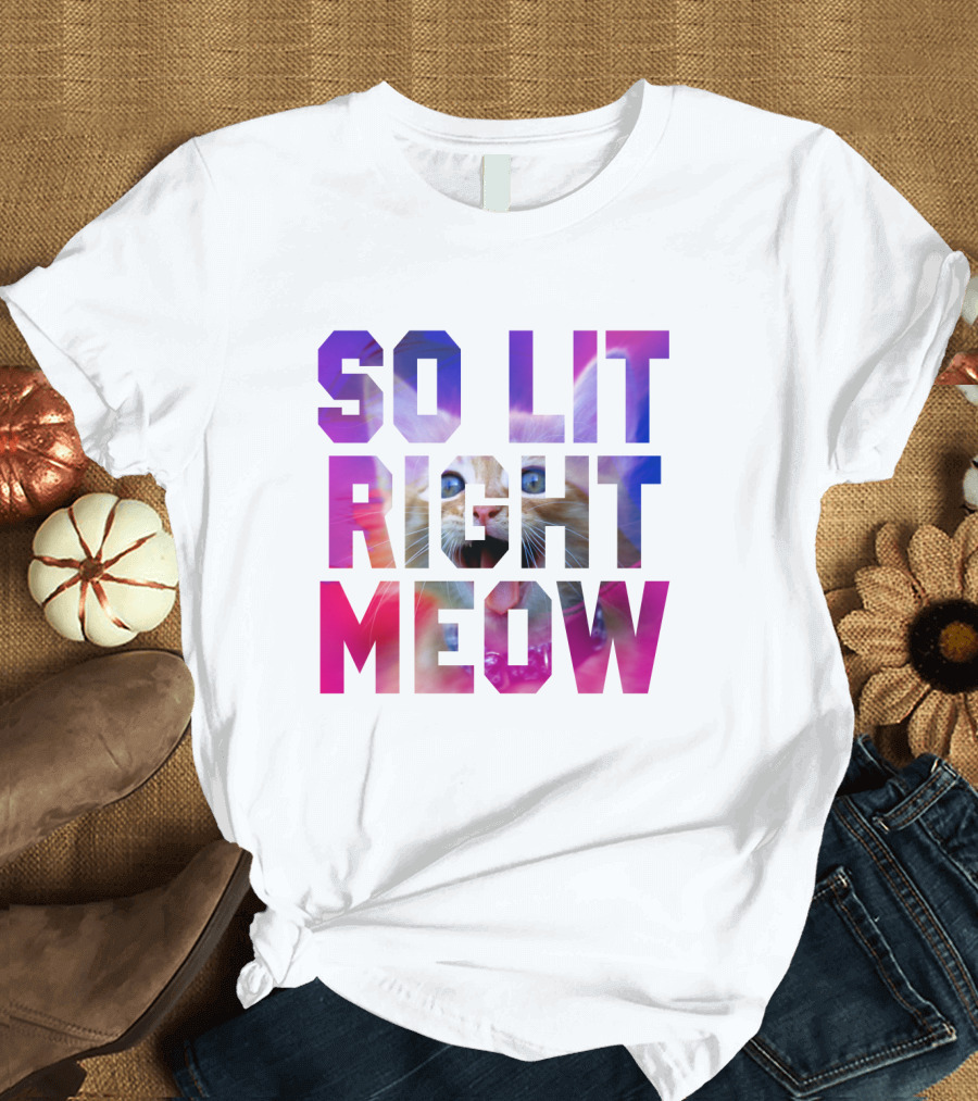 SO LIT RIGHT MEOW Cat Typography T-Shirt