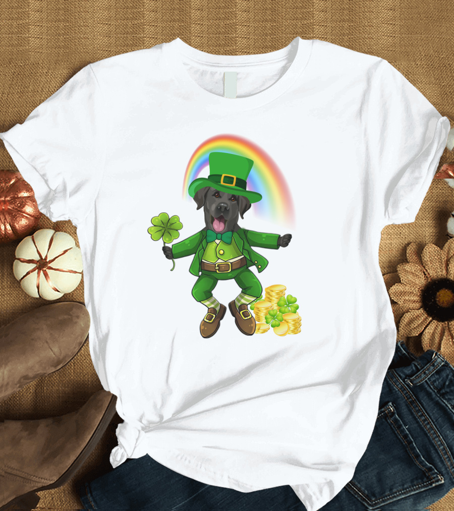 Lucky Irish Dog with Shamrock and Rainbow T-Shirt