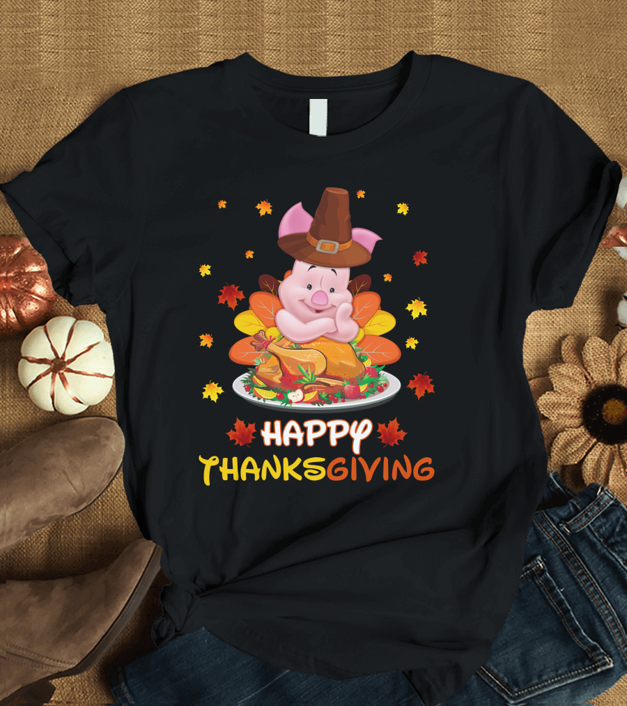 Happy Thanksgiving Piglet Feast with Autumn Leaves and Pilgrim Hat T-Shirt