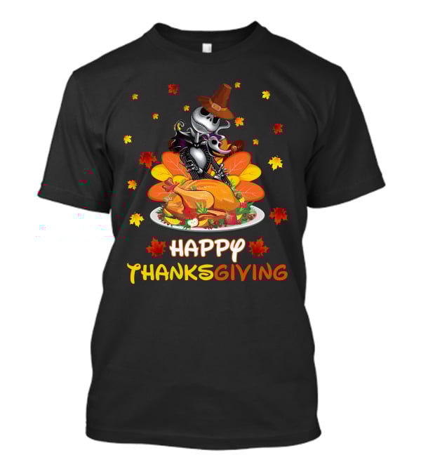 Happy Thanksgiving Skeleton With Turkey And Autumn Leaves T-Shirt