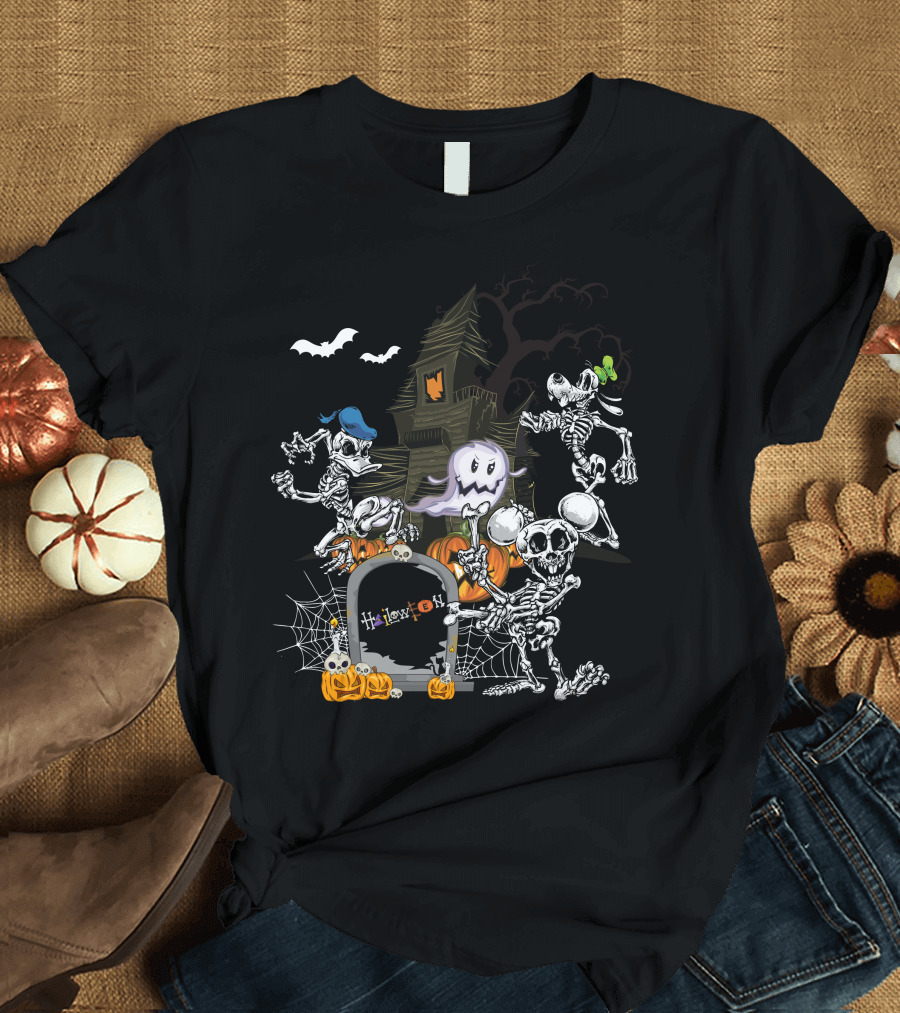 Haunted House Skeleton Dance with Ghost Webs Pumpkins and Bats Halloween T-Shirt