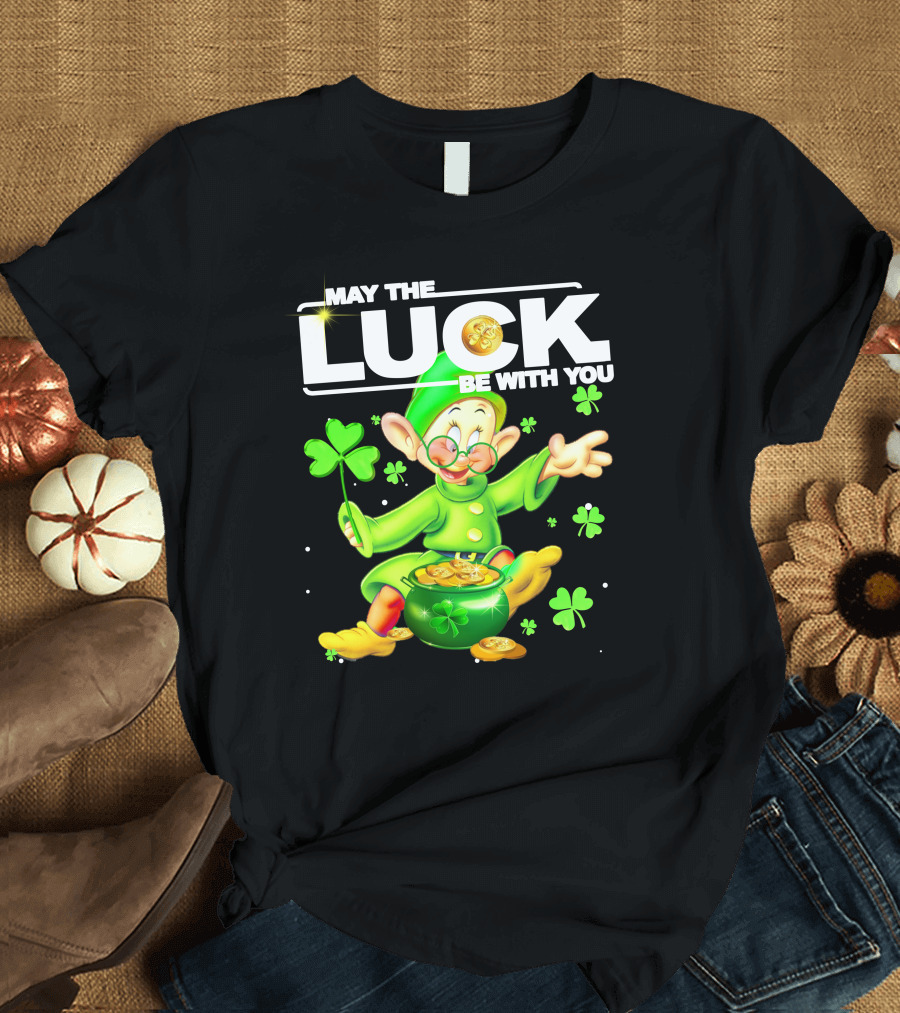 MAY THE LUCK BE WITH YOU Green Leprechaun with Gold Coins and Shamrocks T-Shirt
