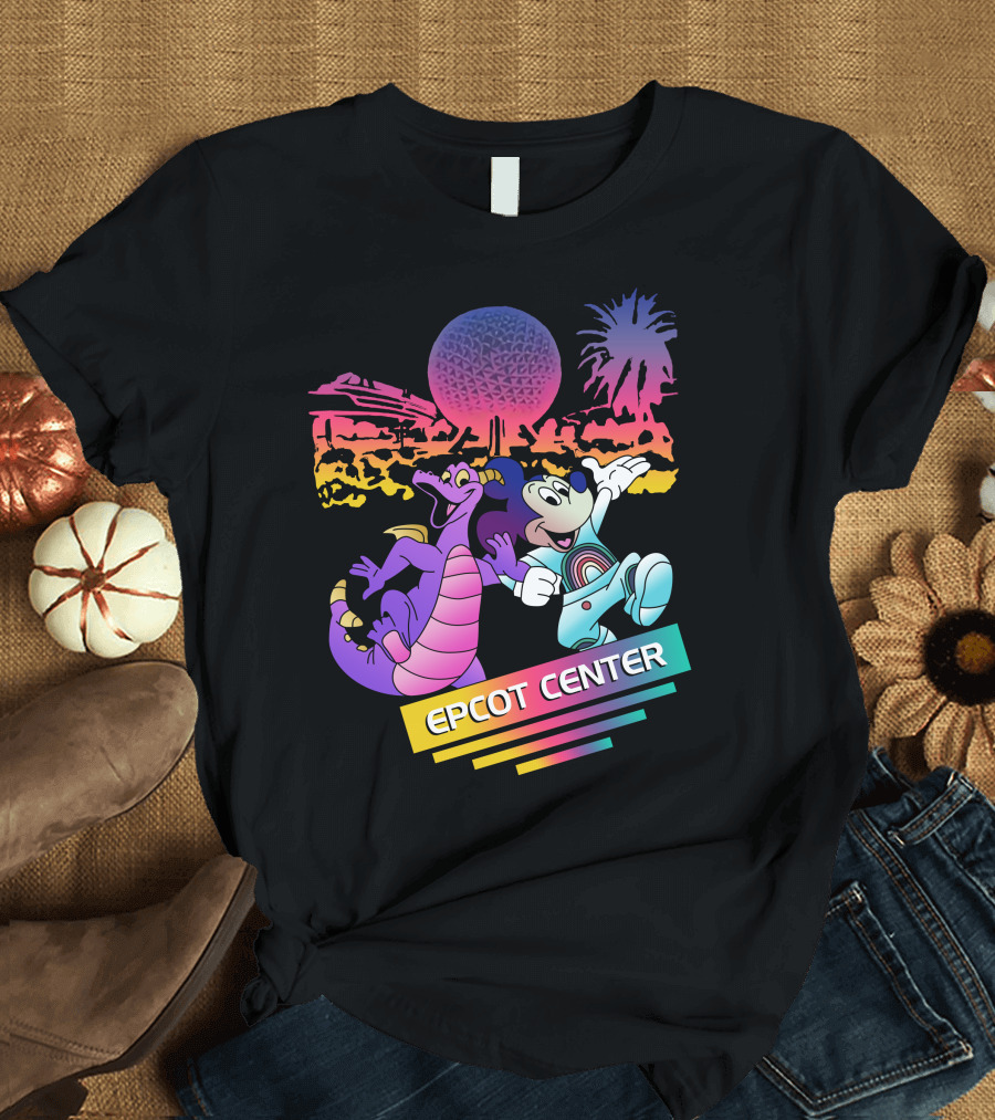 EPCOT CENTER Figment and Mickey Spaceship Earth Retro Spectrum Colors T-Shirt