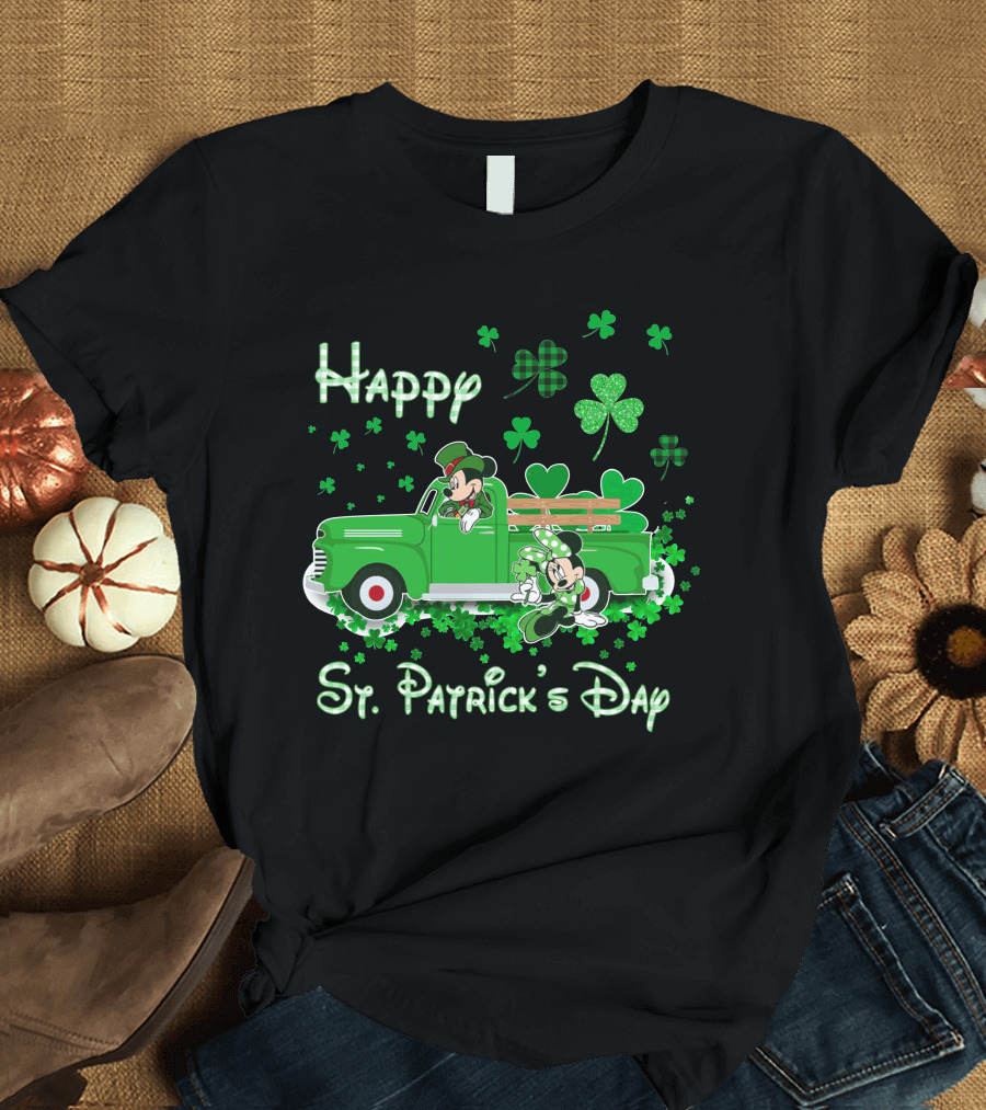 Happy St. Patrick's Day Mickey Mouse Green Truck Shamrocks T-Shirt