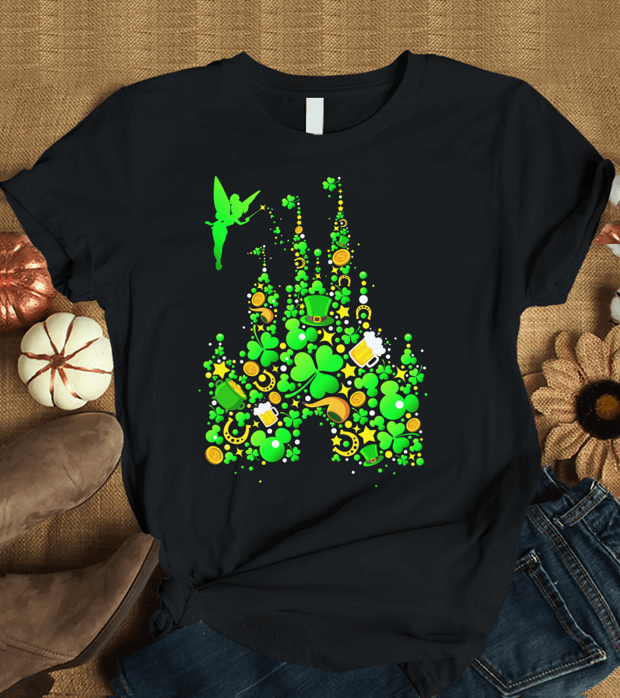 Disney Castle St. Patrick's Day Tinkerbell Leprechaun Hat Clover Coins Beer T-Shirt