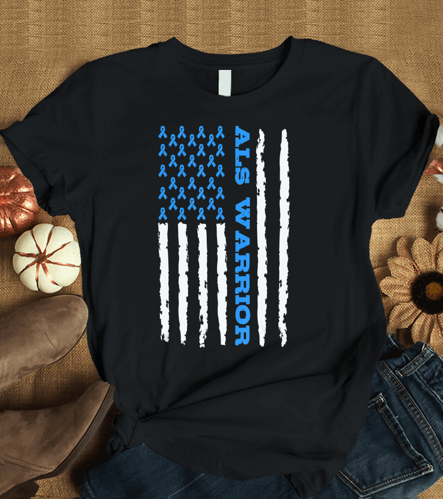 ALS Warrior Blue Ribbon Awareness American Flag USA T-Shirt