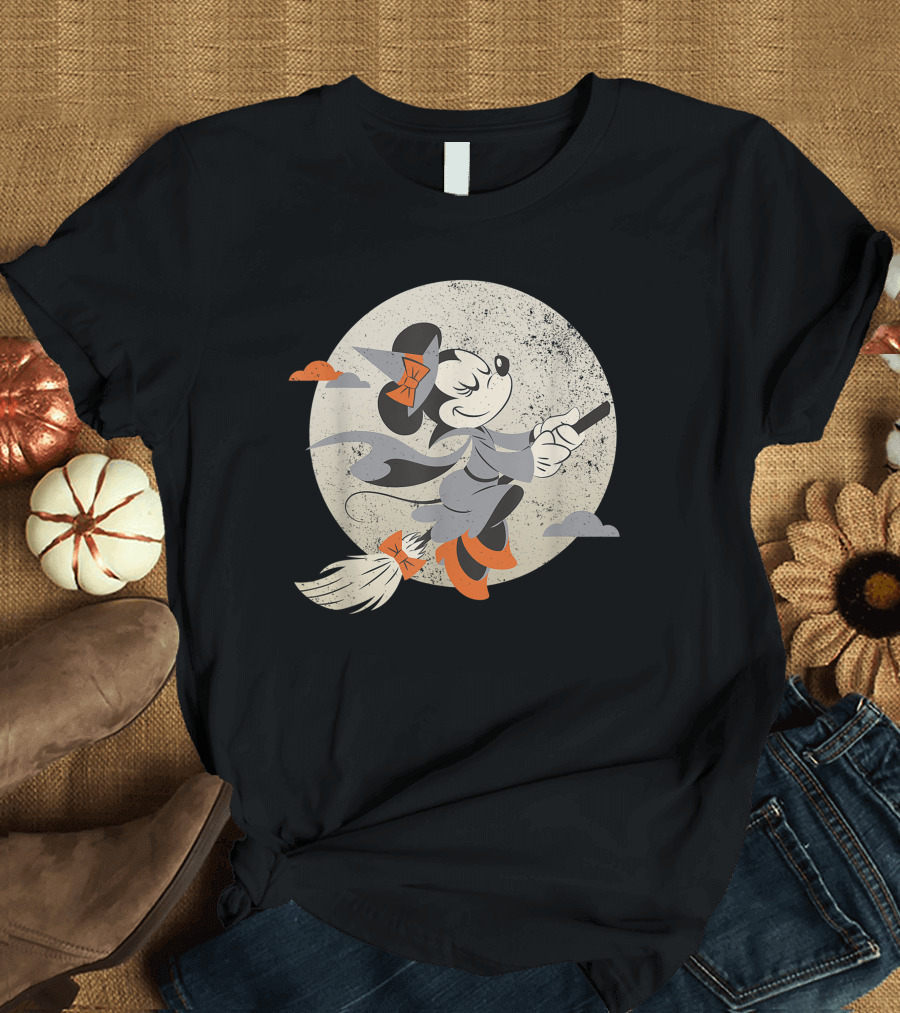 Minnie Mouse Disney Witch Flying on Broomstick Halloween Moon Scene T-Shirt