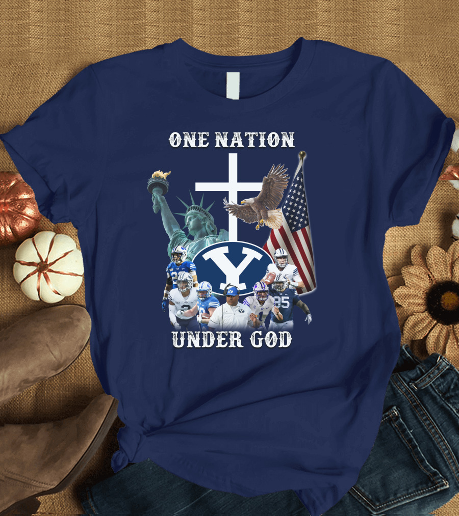BYU One Nation Under God Coach Football Statue Liberty Cross Eagle Flag T-Shirt