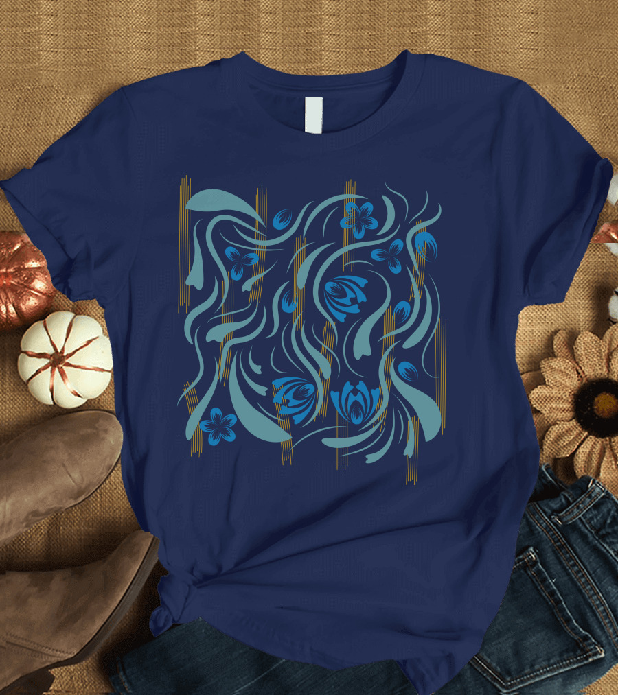 Folk Flowers Pattern Blue and Gold Floral Motif T-Shirt