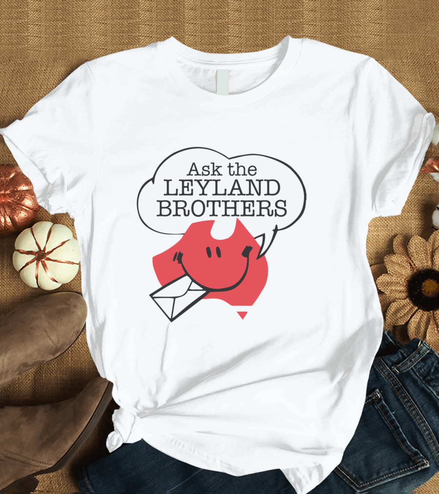 Ask the Leyland Brothers Speech Bubble Smiley with Envelope on Australia Map T-Shirt
