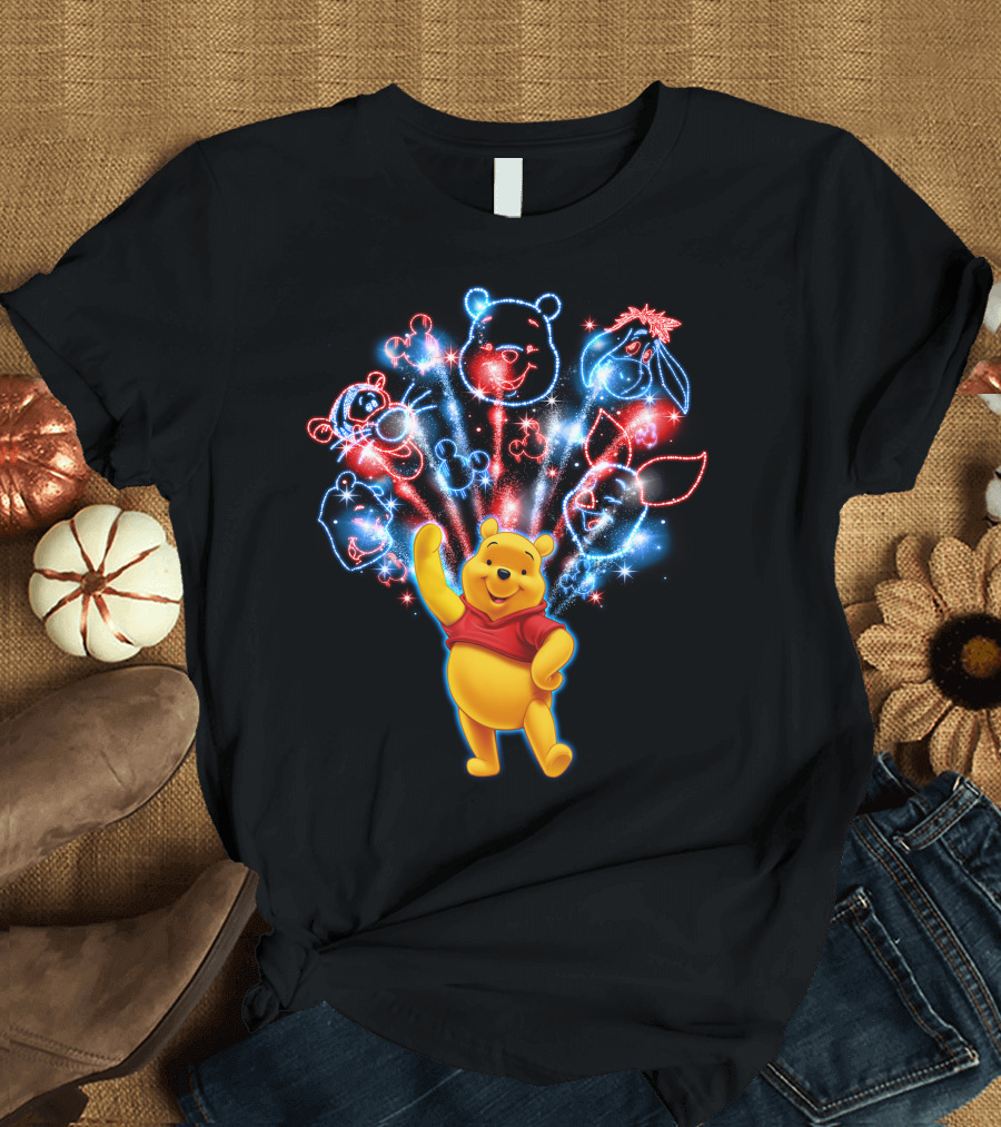 Winnie the Pooh Fireworks Celebration with Tigger Eeyore Piglet and Mickey Shapes T-Shirt