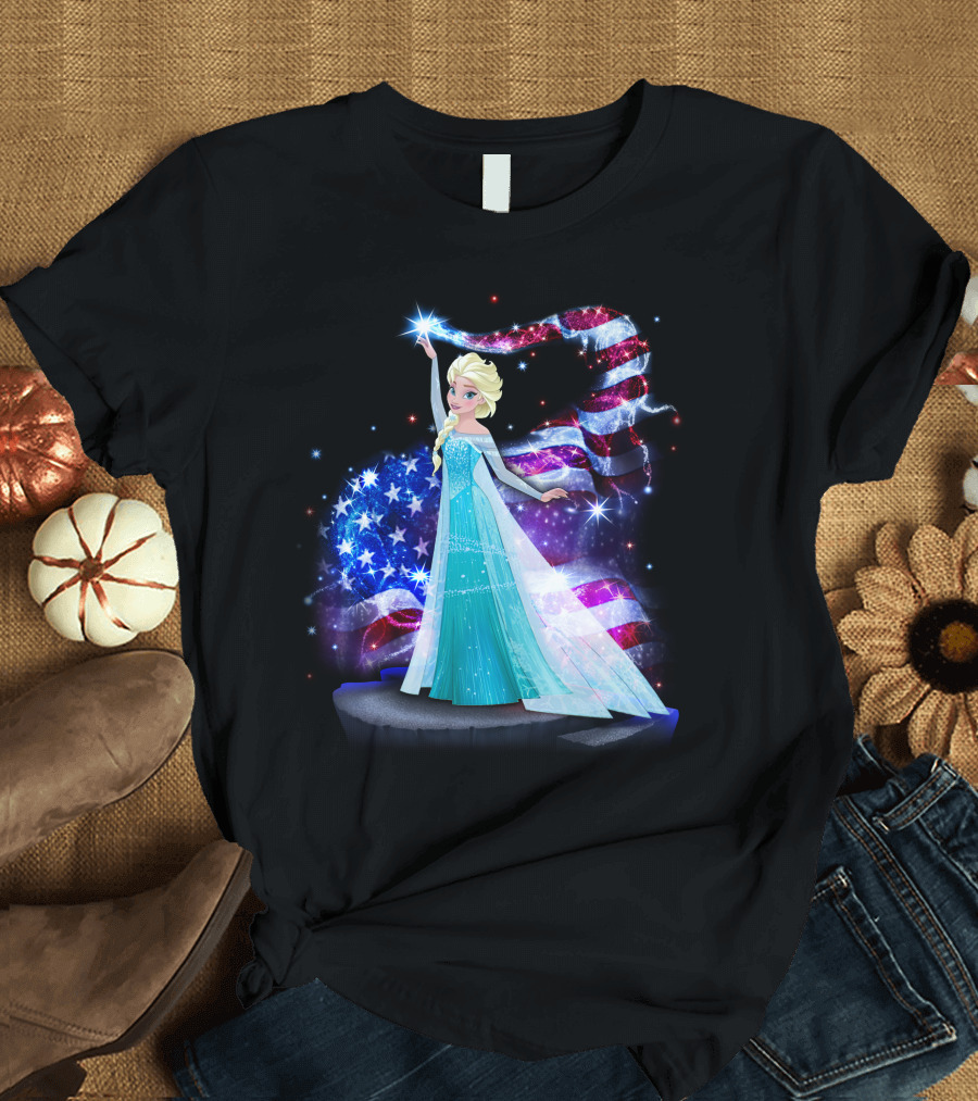 Frozen Elsa Sparkling American Flag Fourth of July T-Shirt