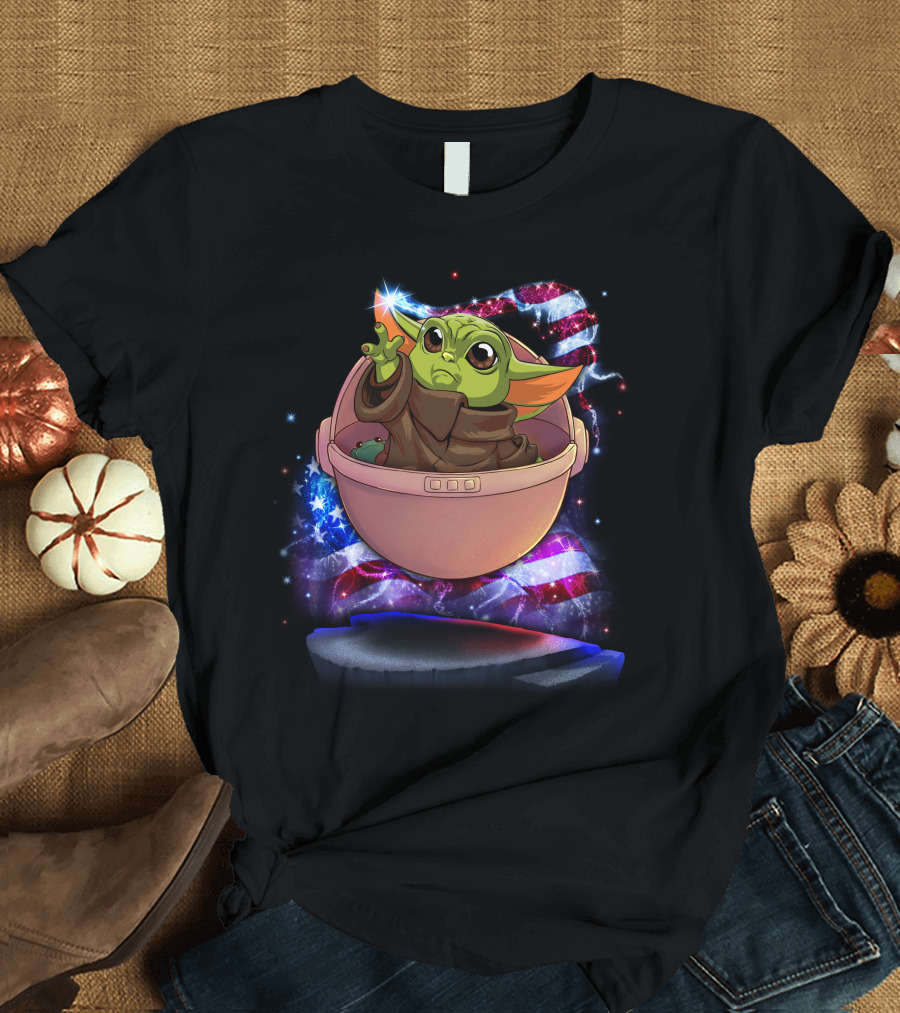 Baby Yoda Bling July American Flag Sparkle T-Shirt