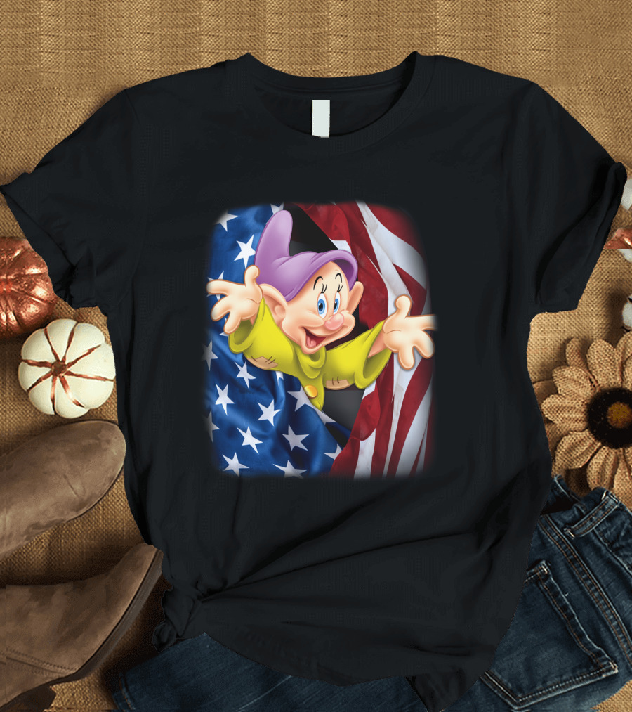 Dopey Celebrates Fourth of July with American Flag Background T-Shirt