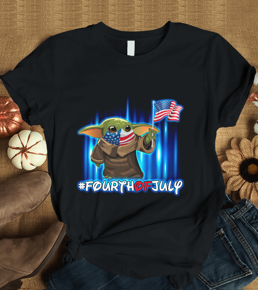 FOURTHOFJULY Baby Yoda with American Flag T-Shirt