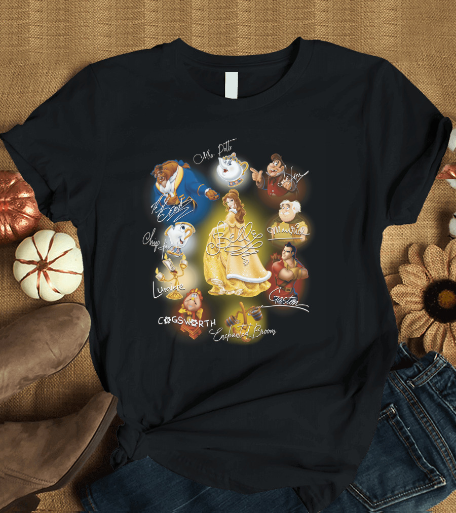 Belle Beast Mrs. Potts Chip Lumiere Cogsworth Enchanted Broom Gaston Maurice Lefou T-Shirt
