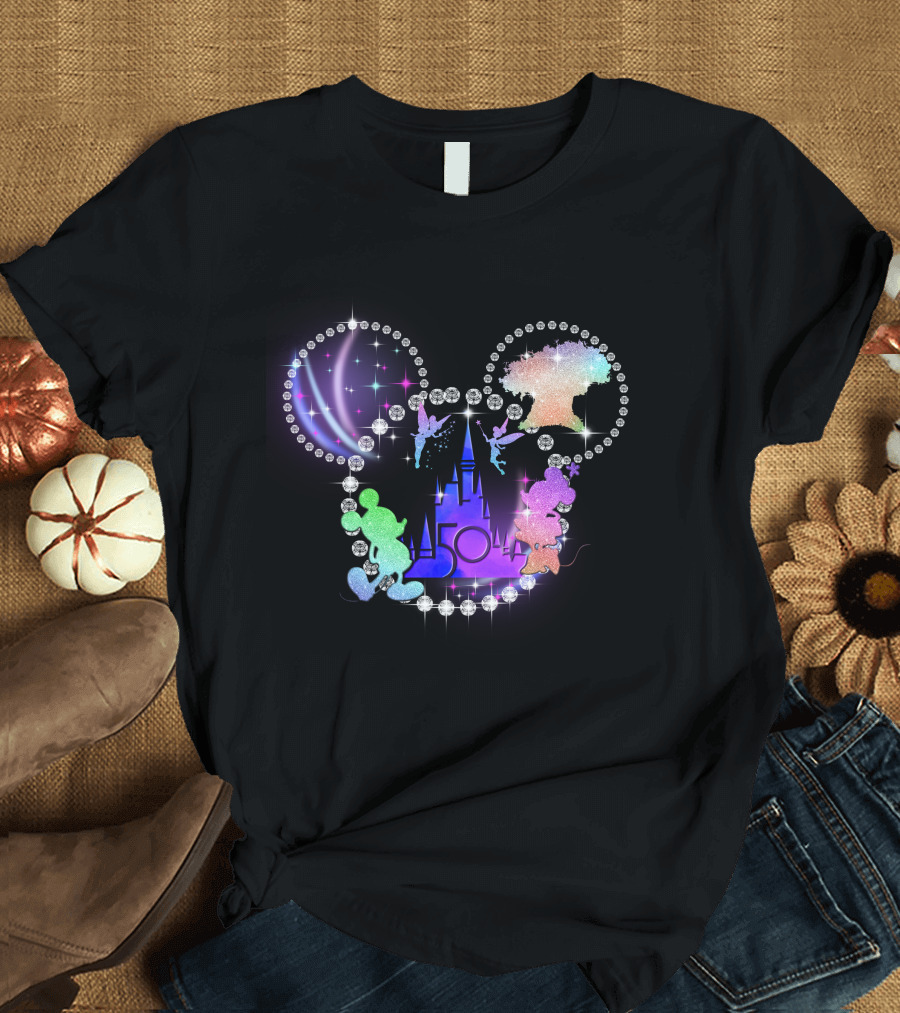 Mickey Minnie 50th Anniversary Walt Disney Castle Silhouette with Tinker Bell and Chip n Dale T-Shirt