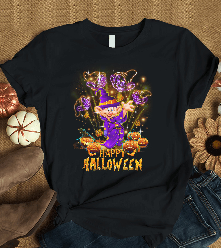Happy Halloween Dopey in Wizard Hat with Fireworks and Pumpkins T-Shirt