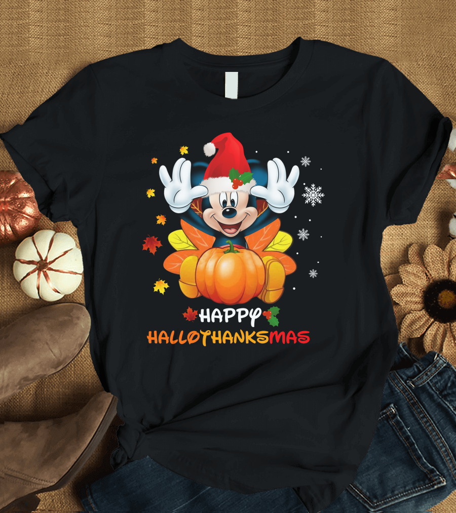 Happy Mickey Hallothankmas Pumpkin Snowflakes Leaves Santa Hat T-Shirt