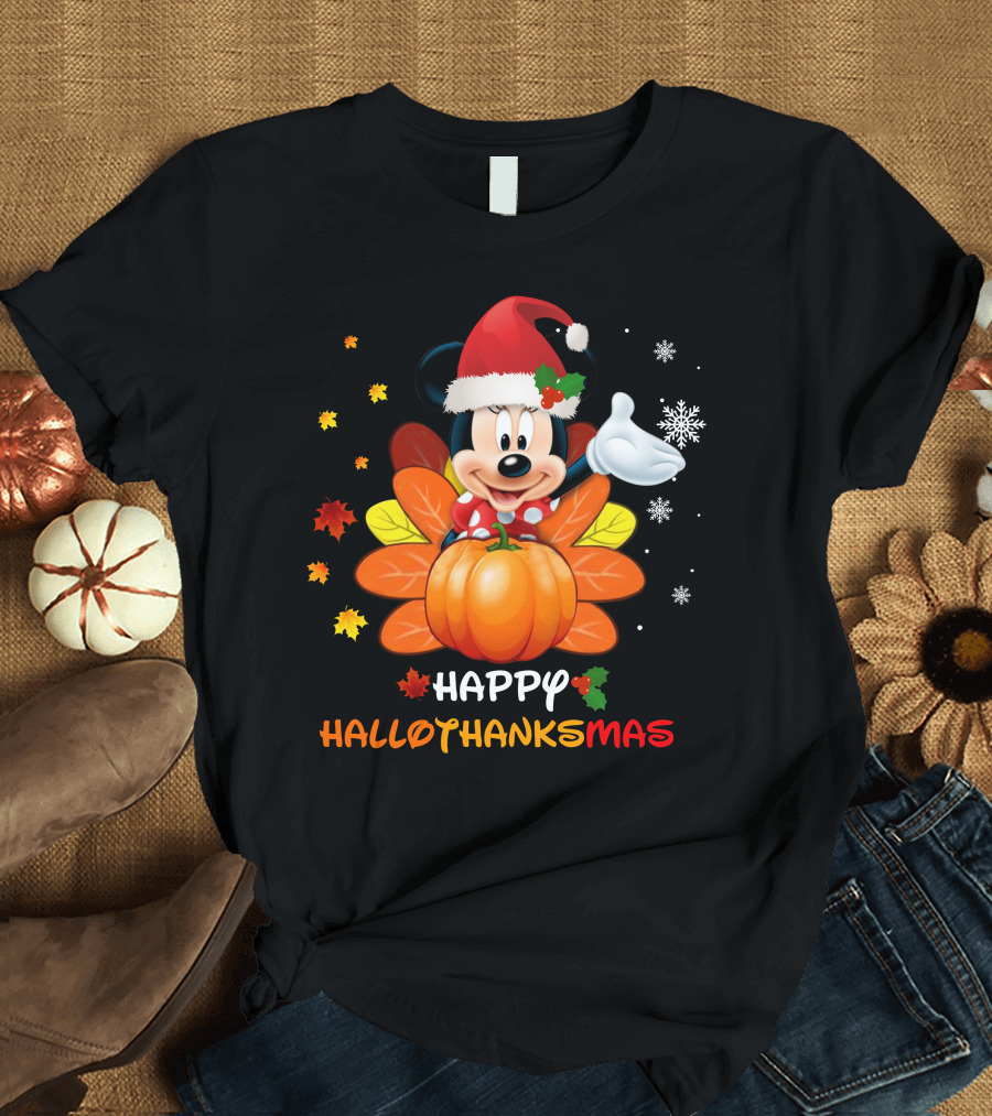 Happy Hallothankmas Minnie with Pumpkin and Santa Hat T-Shirt
