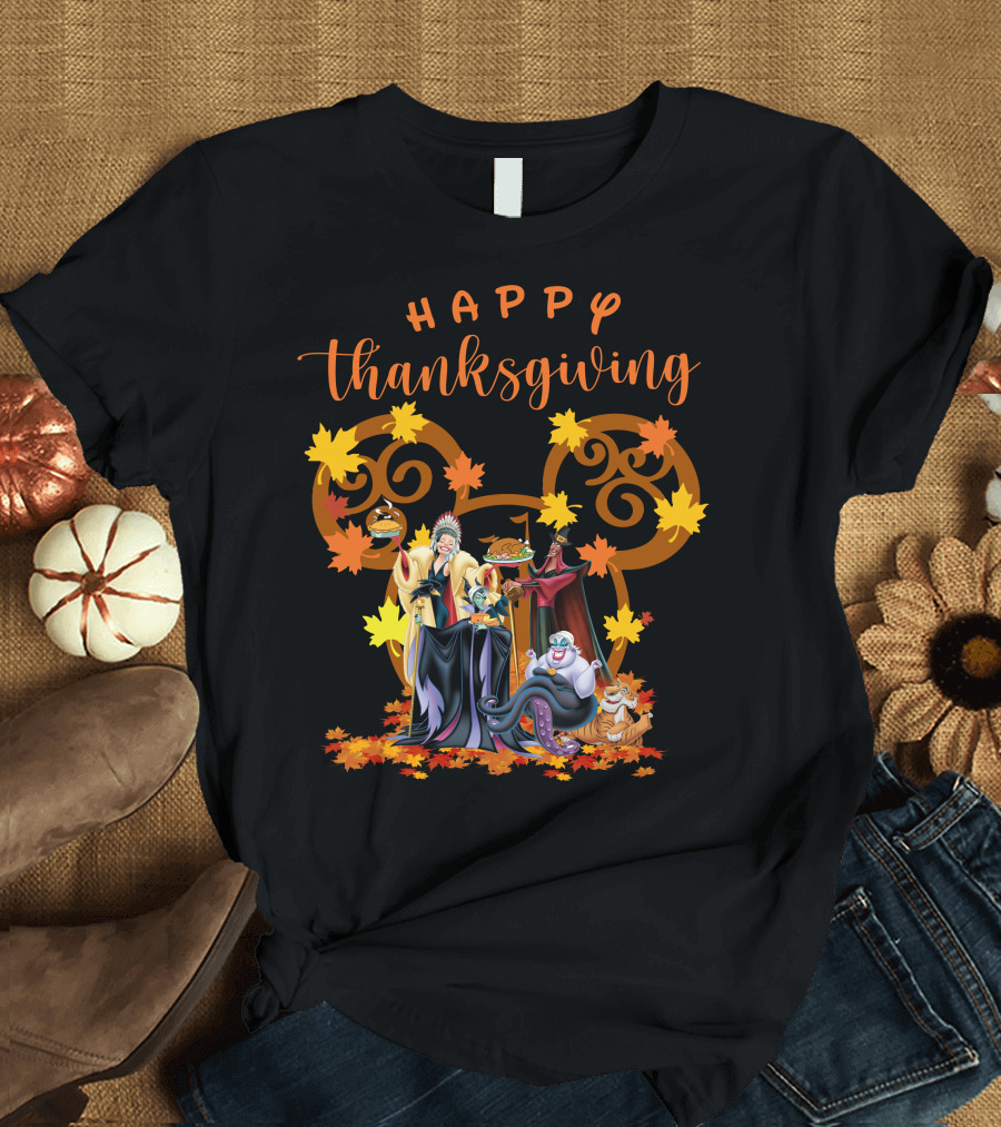 Happy Thanksgiving Disney Villains with Mickey Mouse Leaf Background T-Shirt
