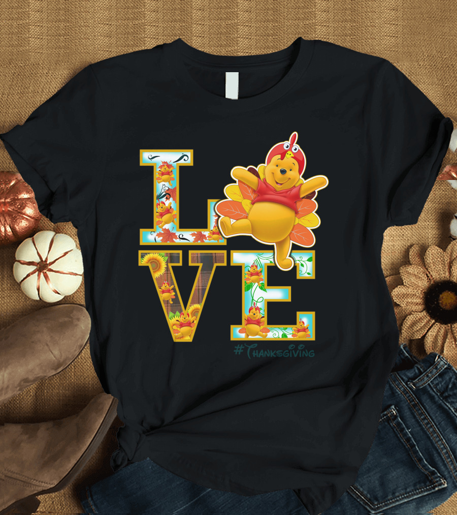 LOVE Pooh Thanksgiving Holiday Turkey Costume Leaves T-Shirt