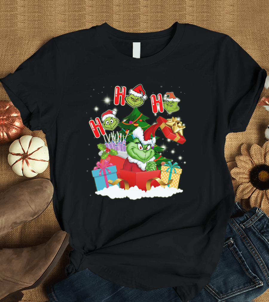 Grinch Christmas Ho Ho Ho Presents Tree Gifts Holiday Scene T-Shirt