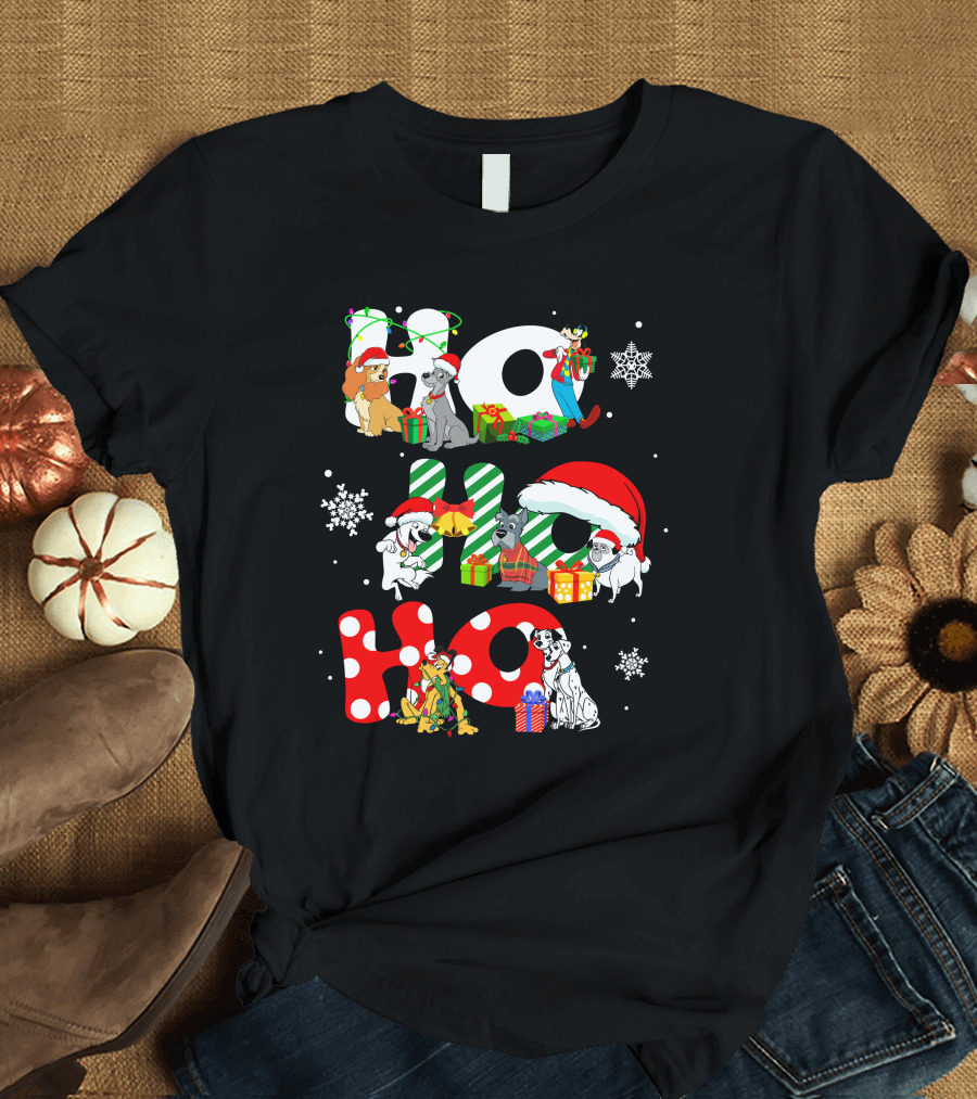 Ho Ho Ho Christmas Dogs and Snowflakes T-Shirt