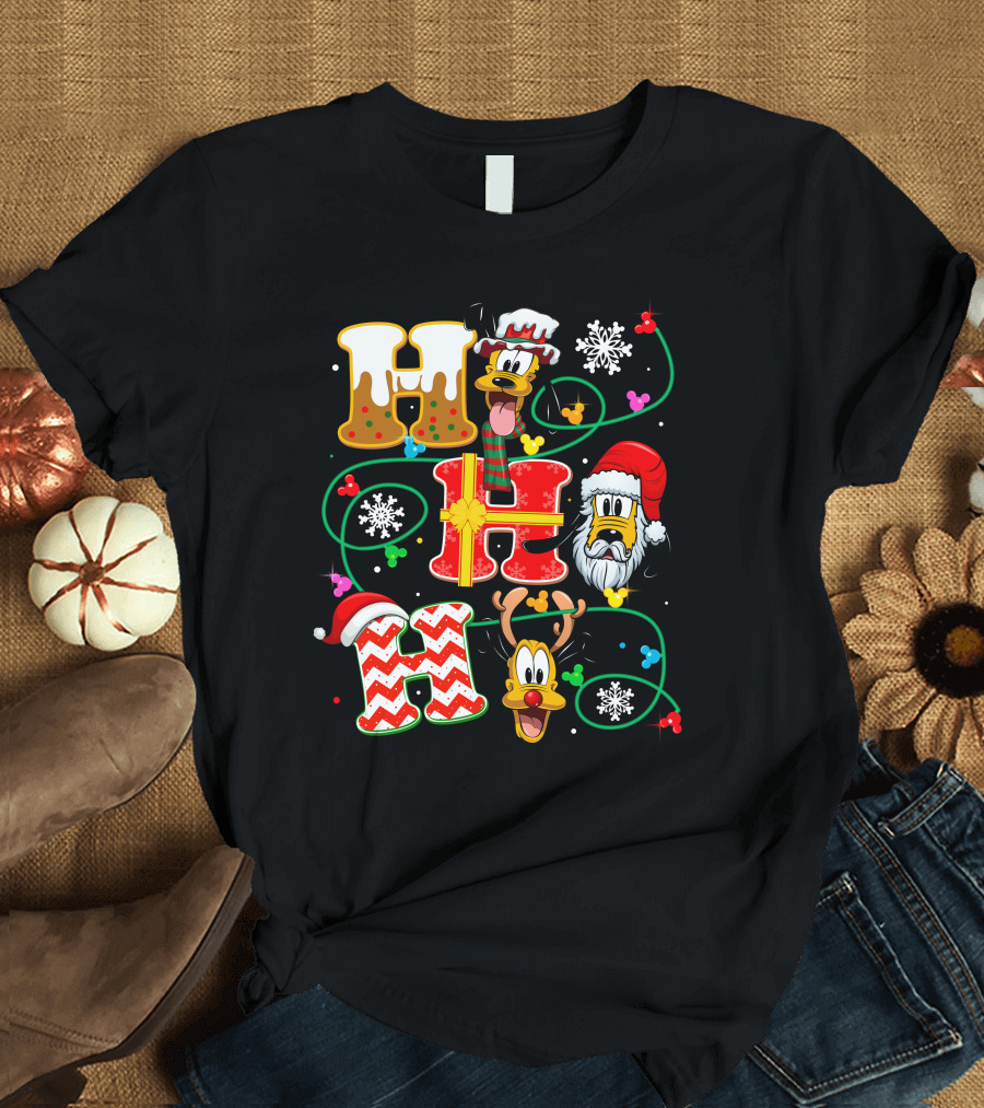 PLU HHH Christmas Goofy Dog with Santa Hats and Snowflakes T-Shirt