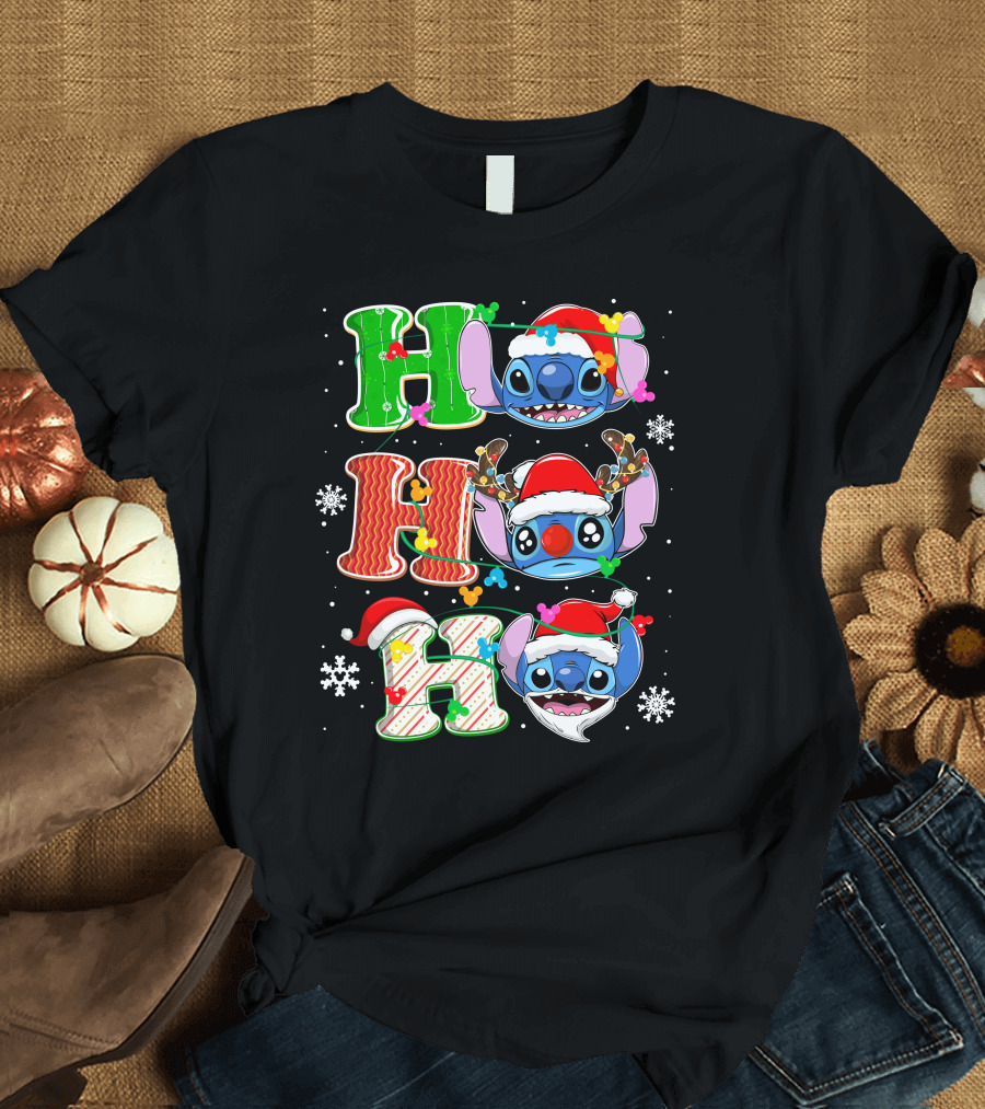 ST HHH Christmas Ho Ho Ho Stitch Holiday Sweater Santa Hat Snowflakes T-Shirt