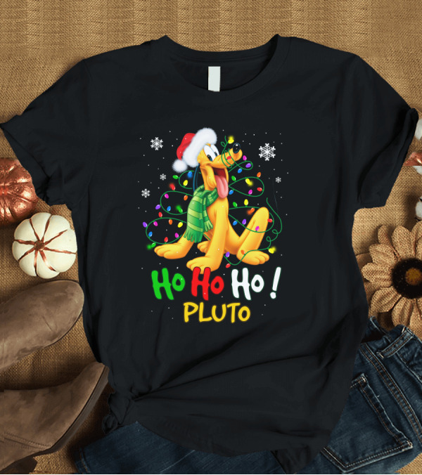 T-Shirt: Pluto Ho Ho Ho Christmas Lights Santa Hat T-Shirt Pluto Ho Ho Ho Christmas Lights Santa Hat T-Shirt