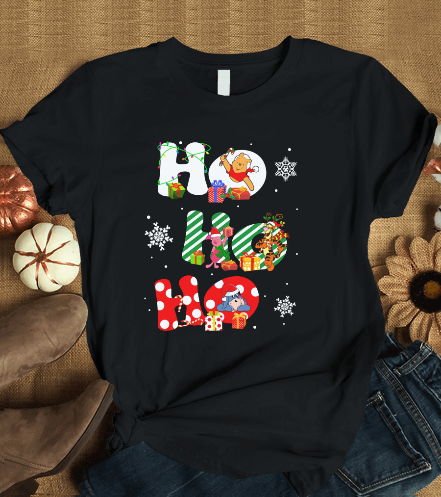 Ho Ho Ho Christmas Winnie the Pooh with Piglet Tigger Eeyore Holiday Snowflakes and Gifts T-Shirt