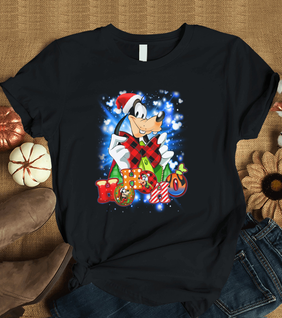 Goofy Hohoho Christmas Santa Hat Festive Bow Holiday Lights T-Shirt