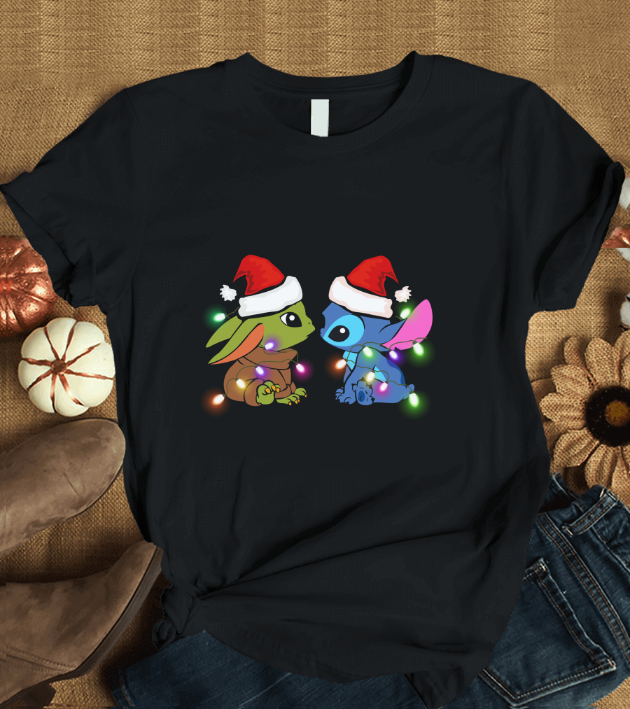 Baby Yoda and Stitch Christmas Lights Santa Hats T-Shirt