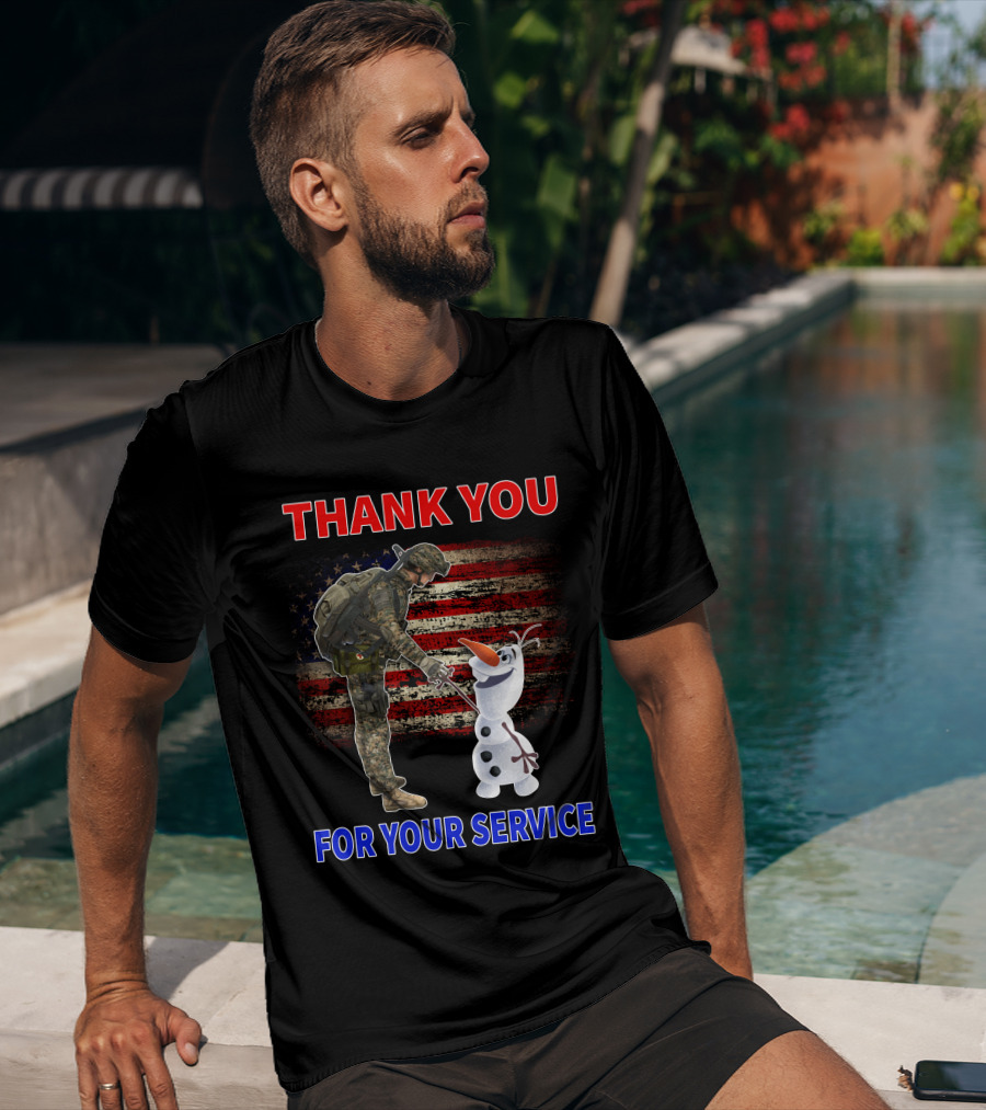 Thank You For Your Service Soldier With Olaf And American Flag T-Shirt