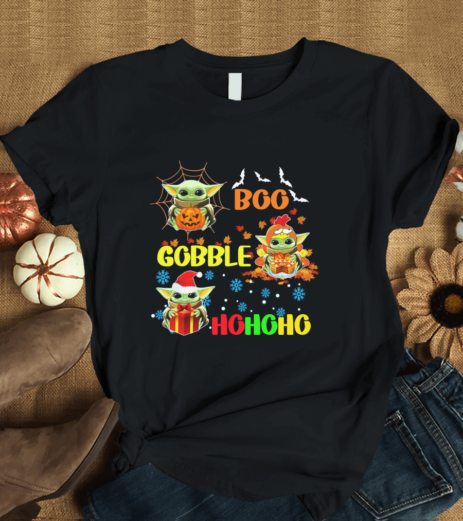 Baby Yoda Boo Gobble HoHoHo HalloThanksMas T-Shirt