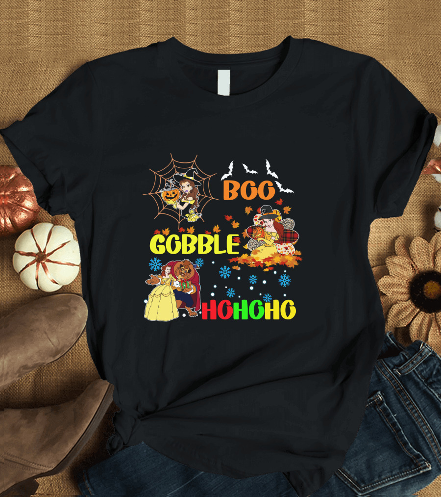 Boo Gobble Hohoho Belle HalloThanksMas T-Shirt