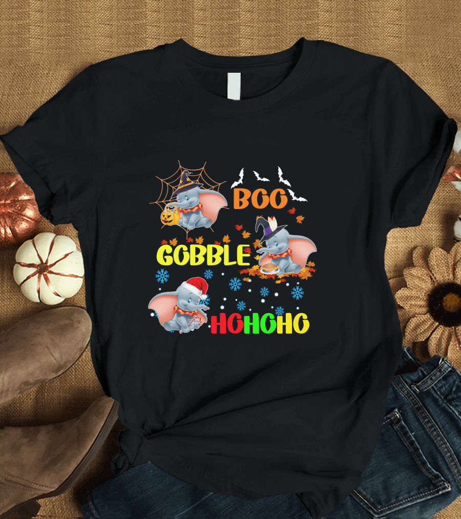 Dumbo Boo Gobble Ho Ho Ho Halloween Thanksgiving Christmas T-Shirt