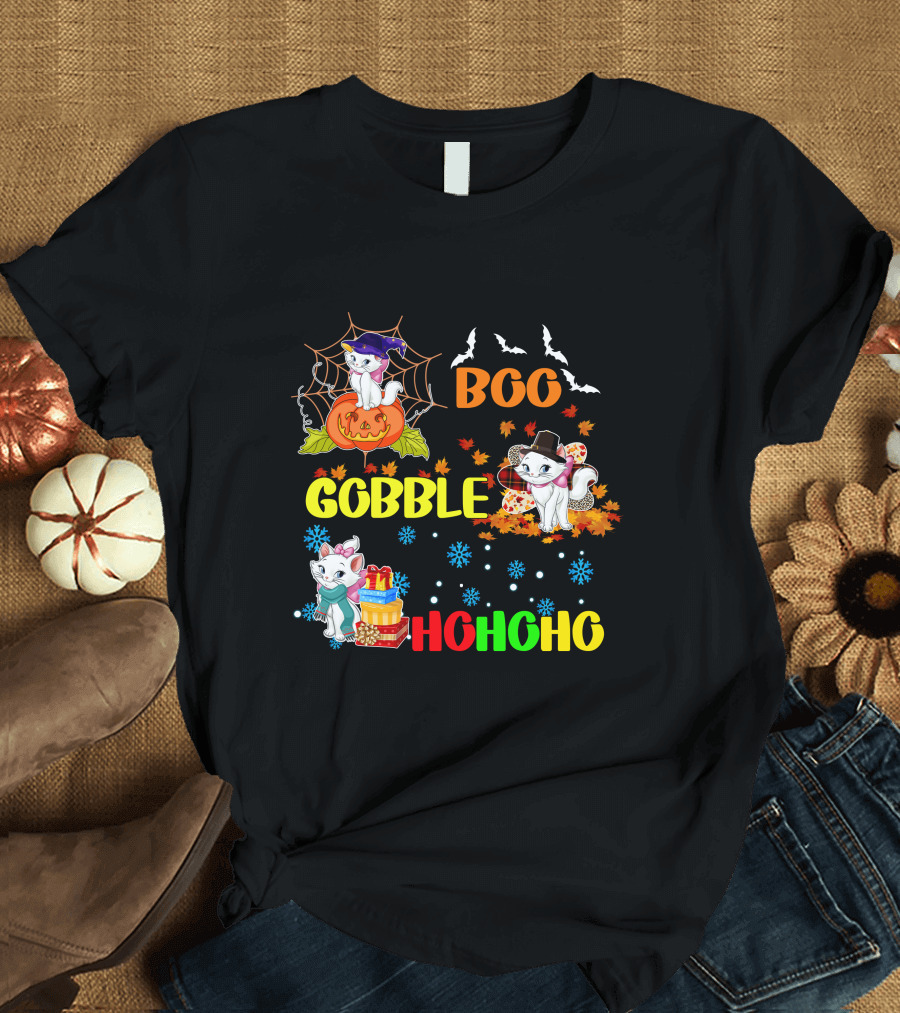 Marie Cat Boo Gobble HoHoHo HalloThanksMas T-Shirt