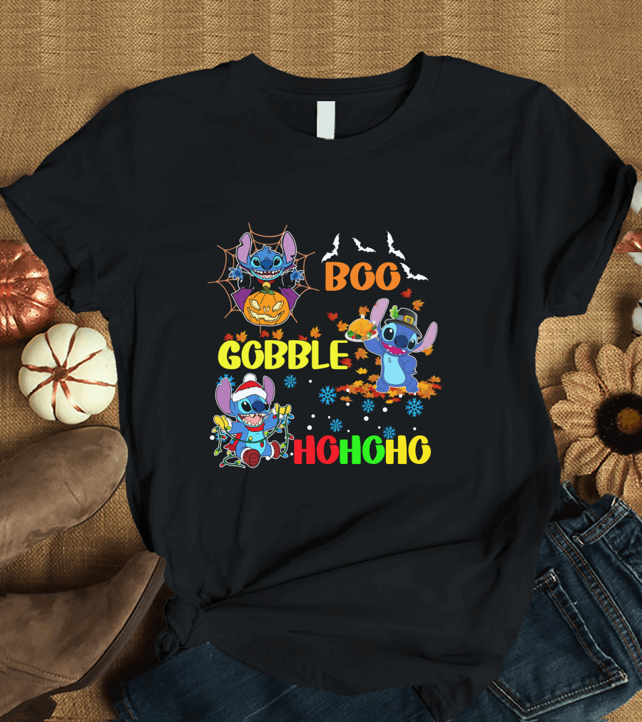 Stitch Boo Gobble Ho Ho Ho HalloThanksMas T-Shirt