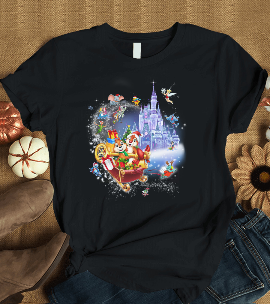 Chip and Dale Christmas Castle with Sleigh and Gifts T-Shirt