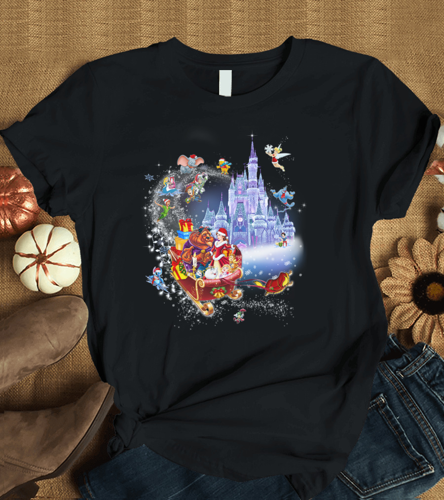 Beauty and the Beast Christmas with Disney Castle and Characters T-Shirt