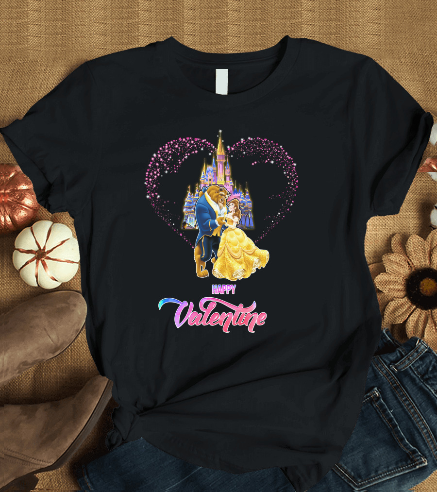Happy Valentine Beauty and the Beast Castle Hearts T-Shirt