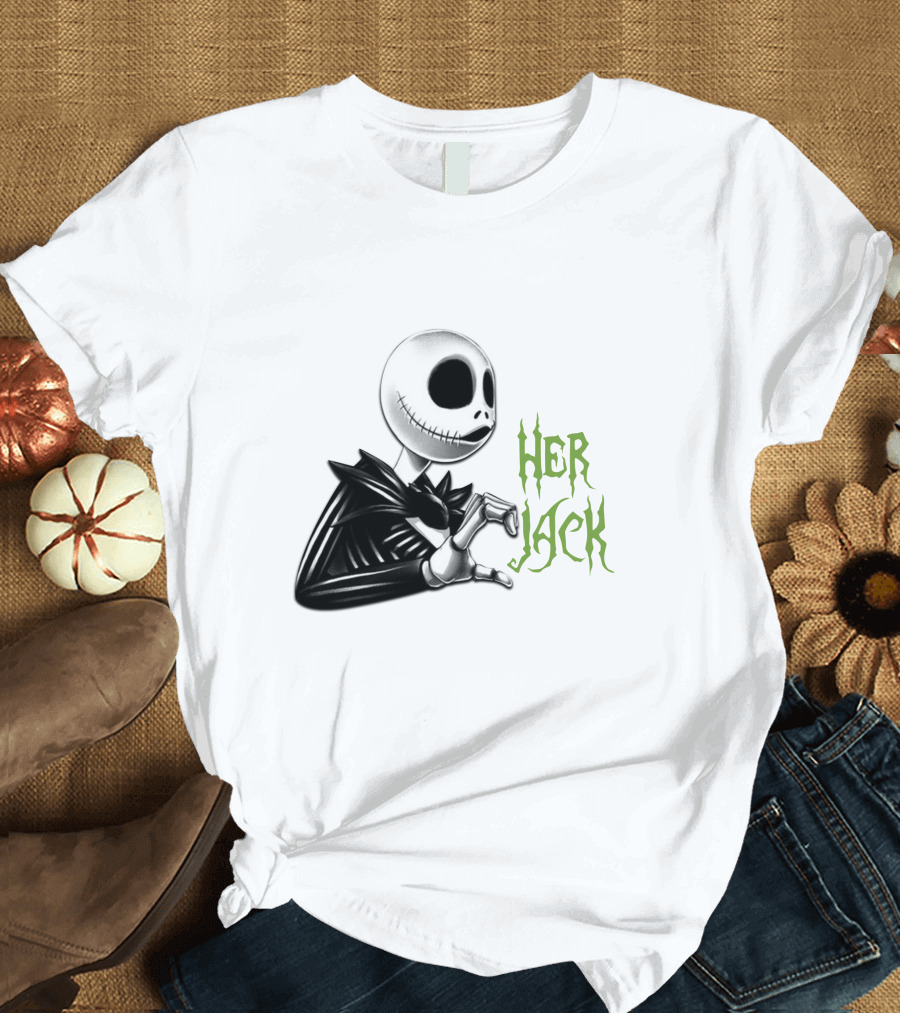 HER JACK SKELETON CHARACTER SKETCH BLACK AND WHITE GREEN LETTERING T-Shirt