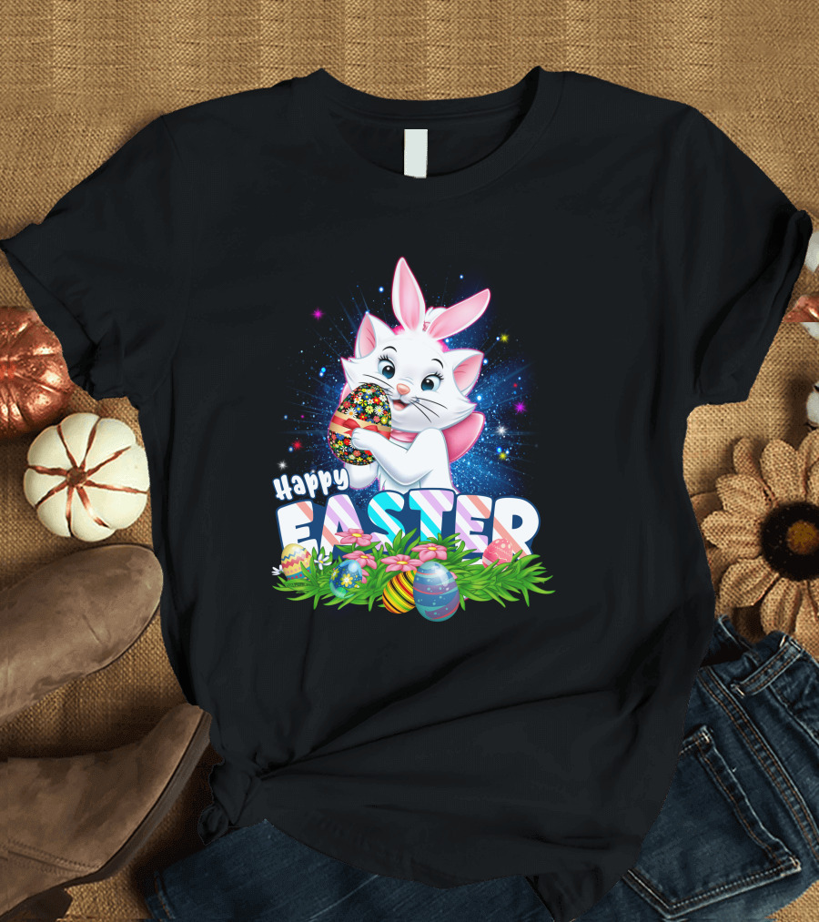 Happy Easter Marie Cat with Colorful Easter Eggs and Flowers T-Shirt